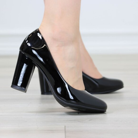 Classic Black Patent High Heel Slip On Round Toe Block Pumps - Picture 4 of 11